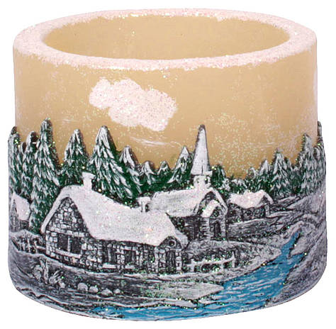 Tea light cylinder "Winter village" creme, 8 x 10 cm