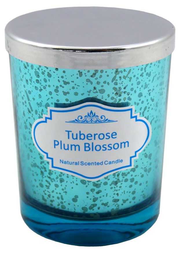 Scented candle turquoise glass, tuberose & plum blossom, H: 10cm, D: 8cm, 