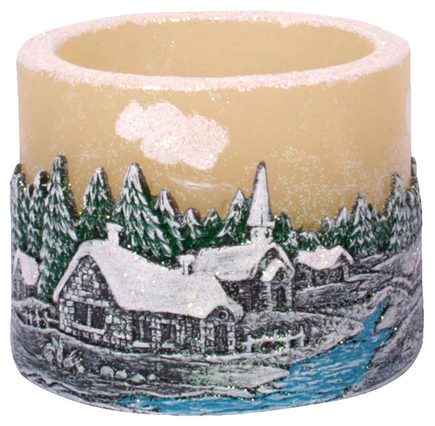Tea light cylinder "Winter village" creme, 8 x 10 cm, 