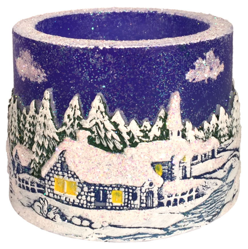 Tea light cylinder "Winter village" dunkelblau, 8 x 10 cm, 