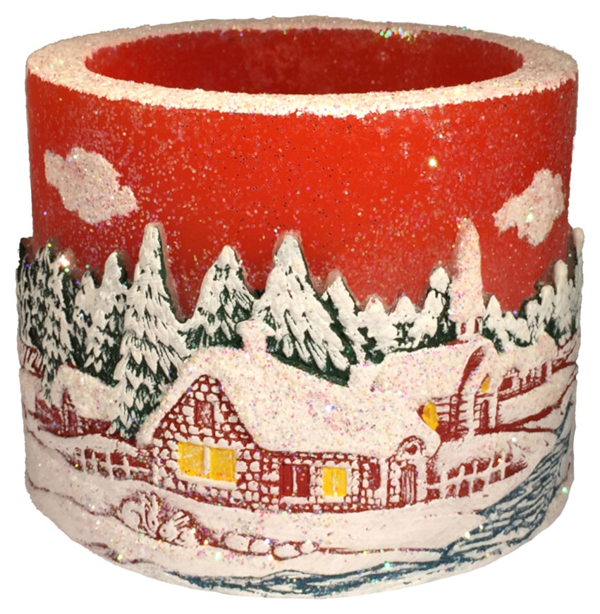 Tea light cylinder "Winter village" orange, 8 x 10 cm, 