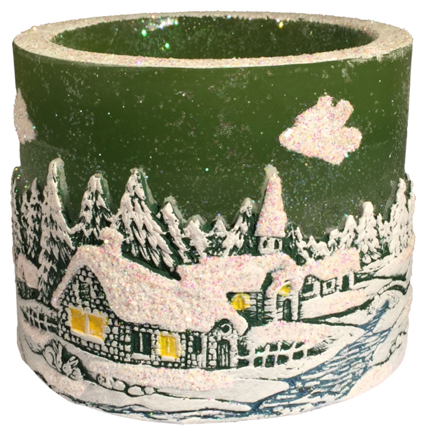 Tea light cylinder "Winter village" green, 8 x 10 cm, 