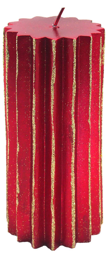 Candle cylinder red with golden lines, 